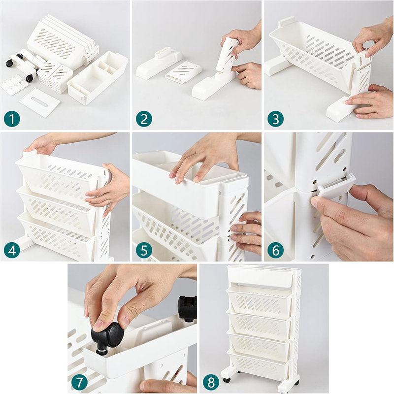 Organisateur de bibliothèque mobile en plastique à 5 niveaux, bibliothèque mobile avec roulettes, blanc