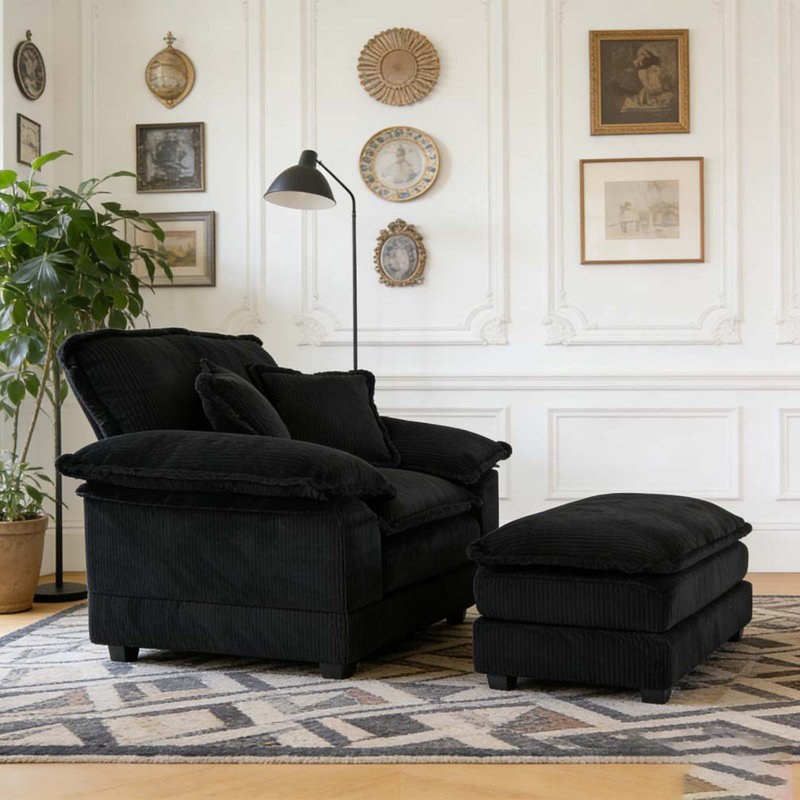 Canapé simple en velours côtelé 56,3 pouces avec 2 coussins décoratifs et un repose-pieds, Chenille noir