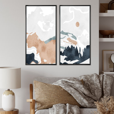Ensemble de 2 impressions graphiques - Montagne pleine lune dans un paysage abstrait rétro II