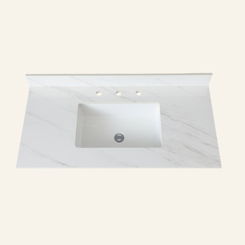 Dessus de meuble-lavabo en marbre de 43 pouces, comptoir blanc avec trous de robinet pré-percés, comptoir de salle de bain avec lavabo central rectangulaire encastré et dosseret de 4 po de hauteur, Bianco Carrara Venato
