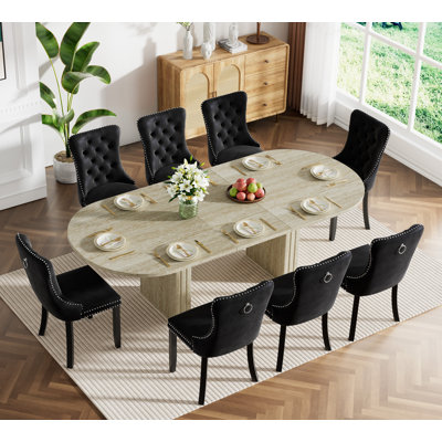 Extendable Dining Table Set, Rustic Oval Dining Room Table & Velvet Dining Chairs with Wood Leg, 62.99" -78.74" Dining Table and Chairs Set, Modern Di