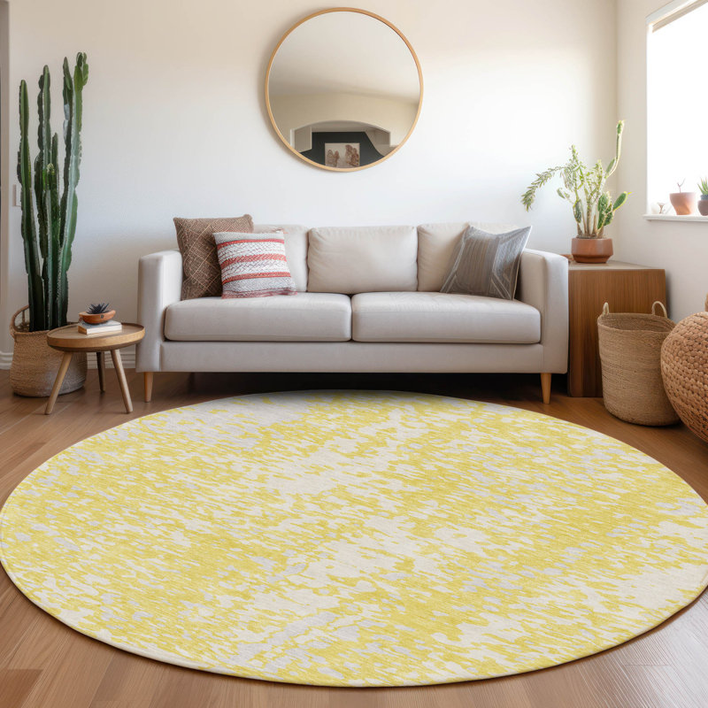 Premium Machine Washable Prisco Yellow Rug, Round 8'