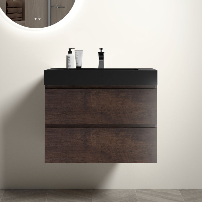 Meuble-lavabo pour salle de bain en noyer - rangement spacieux, tiroirs silencieux, design élégant 30 po avec lavabo, style contemporain spacieux, lavabo noir, pré-assemblé