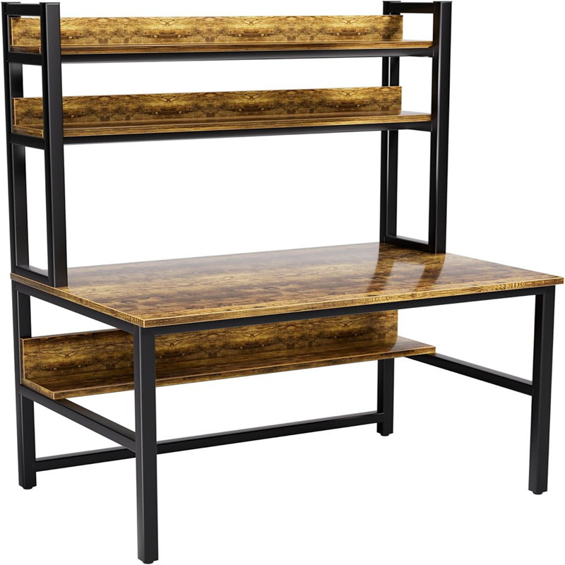 Bureau d'ordinateur avec huche, bureau de l 47 po x P 23,6 po avec tablettes, grand bureau personnel avec bibliothèque, table d'étude avec pieds en métal et rangement supérieur