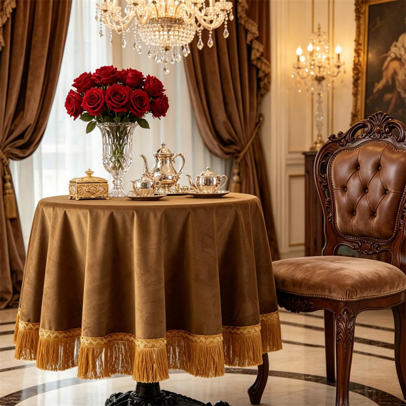 Nappe ronde en velours de 122 cm (48 po) avec pompons dorés, couleur camel, Chameau