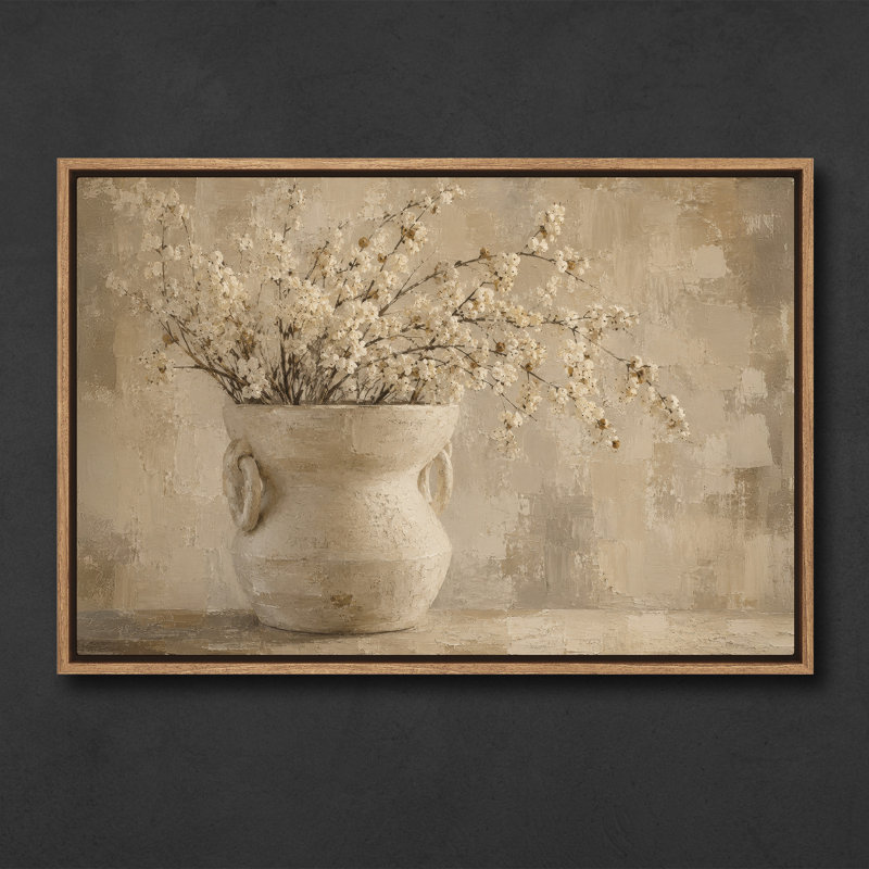 «Beige Cherry Blossom Vase Still Life», œuvre d'art de salle à manger neutre, impression encadrée, 16" H x 24" W, Natural