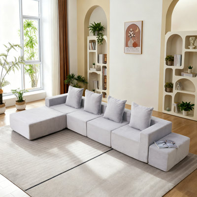 Canapé modulaire à 4 places avec méridienne et repose-pieds surdimensionnés - canapé Cloud en velours côtelé doux pour petits espaces, salon, appartement