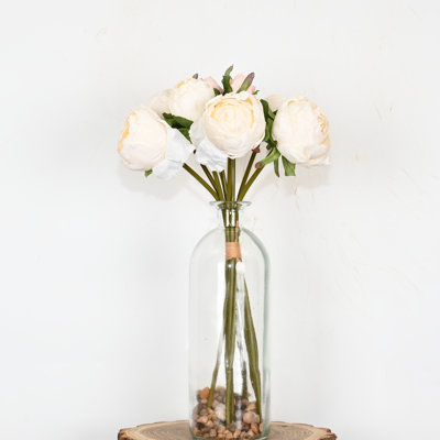 16" Artificial Peony Floral Arrangement In Vase With Faux Water, Farmhouse Long Stem Greenery Leaves Faux Flower For Dining Table Centerpieces Wedding Party Bouquet Home Decor Indoor