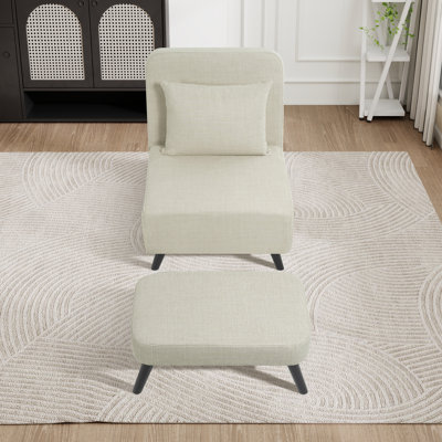 Modern Foldable Chaise Lounge - Linen Upholstered Armless Sofa With Matching Ottoman & Throw Pillow, Convertible Sleeper by YC