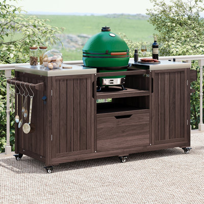 Îlot de cuisine avec plateau en acier inoxydable, tiroir et tablette ouverte