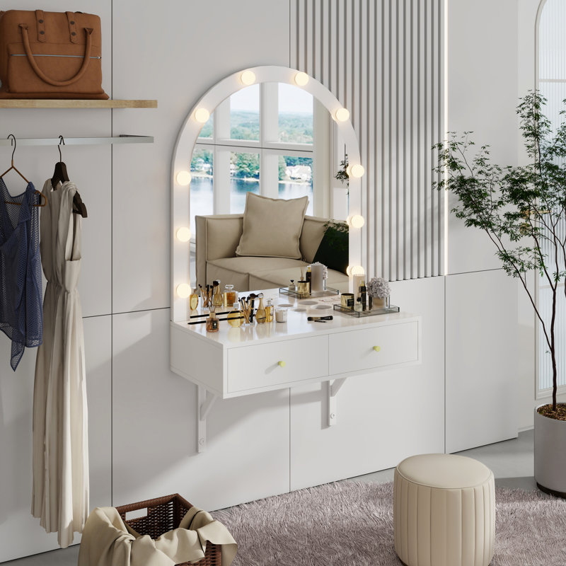 White Floating Make-Up Table With Mirror & 3-Color Lights, Large Storage Compartment, Wall Mounted Space Makeup Desk White,