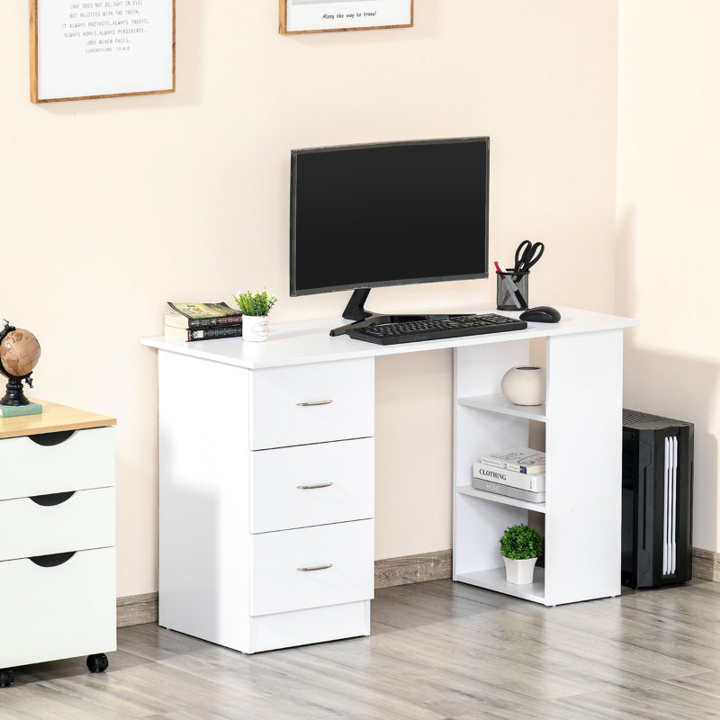Bureau moderne blanc avec rangement à 3 tablettes, poste de travail d'ordinateur de 47 po pour bureau à domicile, chambre à coucher, dortoir, 3 tiroirs - appartement d'université