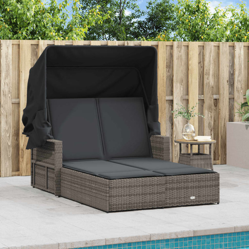 Double méridienne Vidaxl avec auvent et coussins en rotin de polyester, Noir, Gris