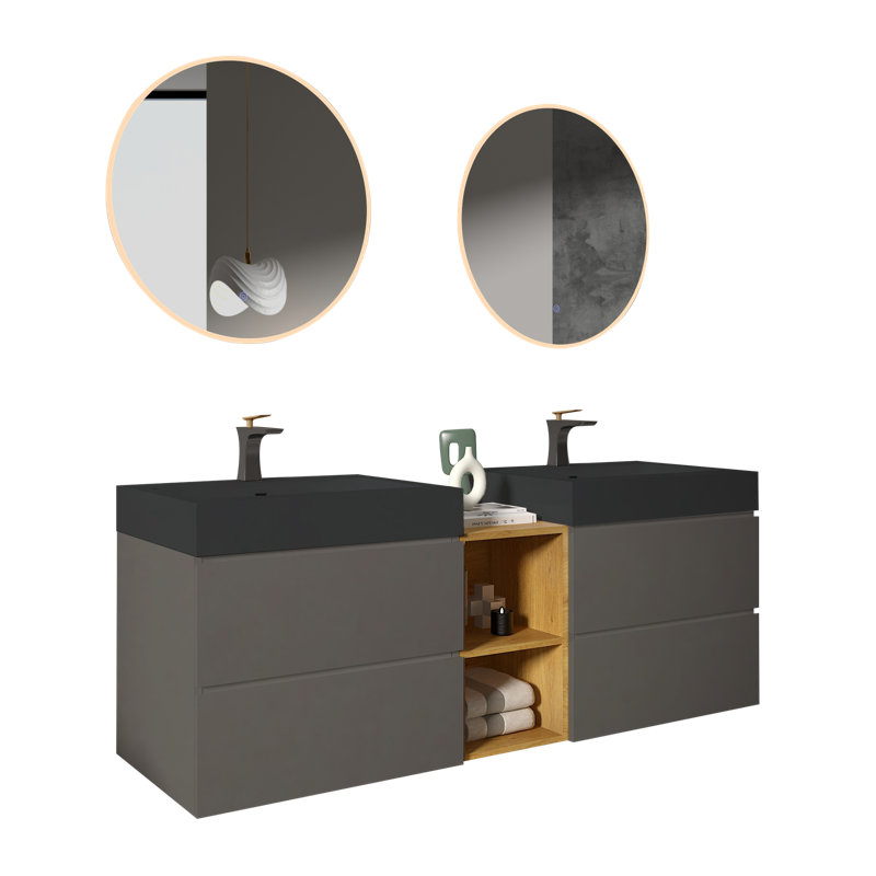 Meuble-lavabo mural gris de 72 po Alice | lavabos doubles | tablette ouverte | conception flottante moderne | lavabo une pièce