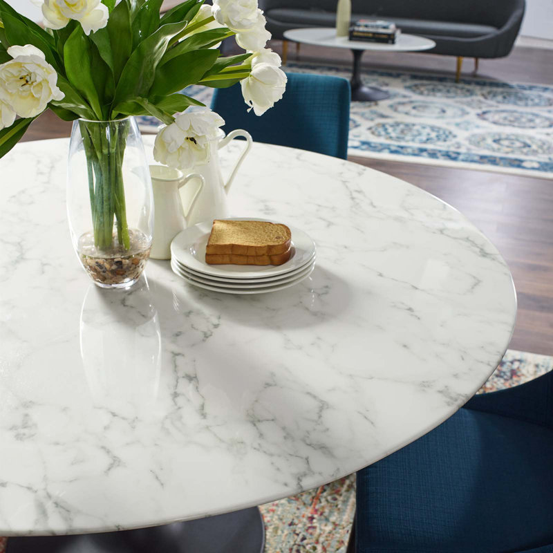 Mid-Century Modern 60" Round Wood & Marble Dining Table