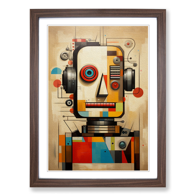 Robot Geometric - Single Picture Frame Print on Wood, Walnut Framed, 34cm H x 25cm W x 2cm D