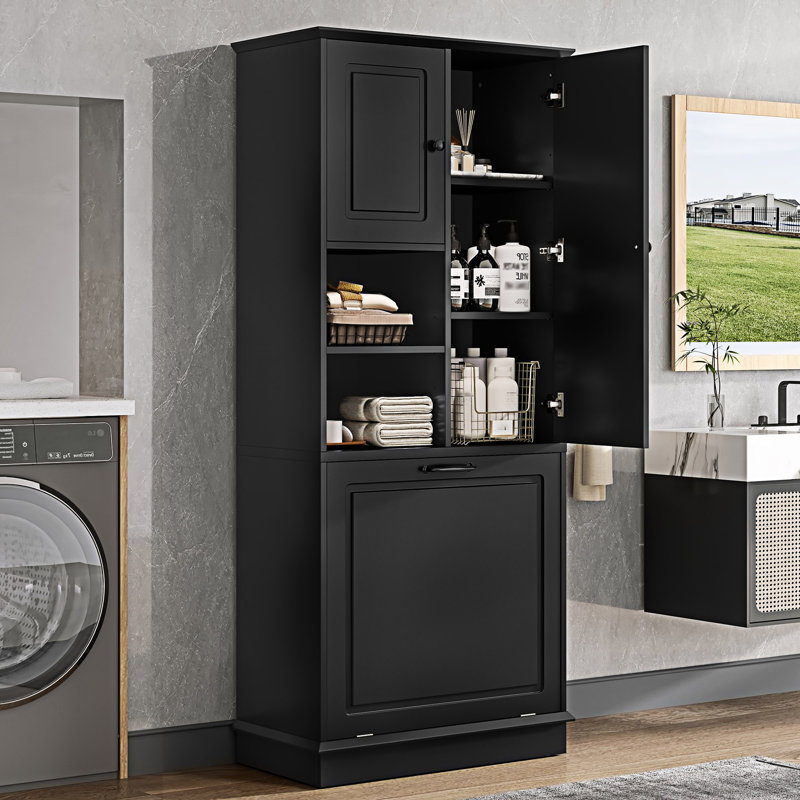 Grande armoire de rangement pour salle de bain avec grand panier rabattable, Noir