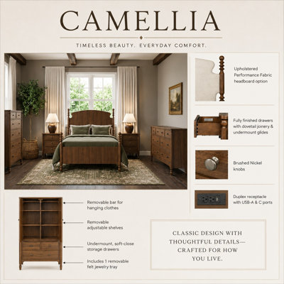 Camellia Panel Bed, Two Nightstands, Dresser, And Chest