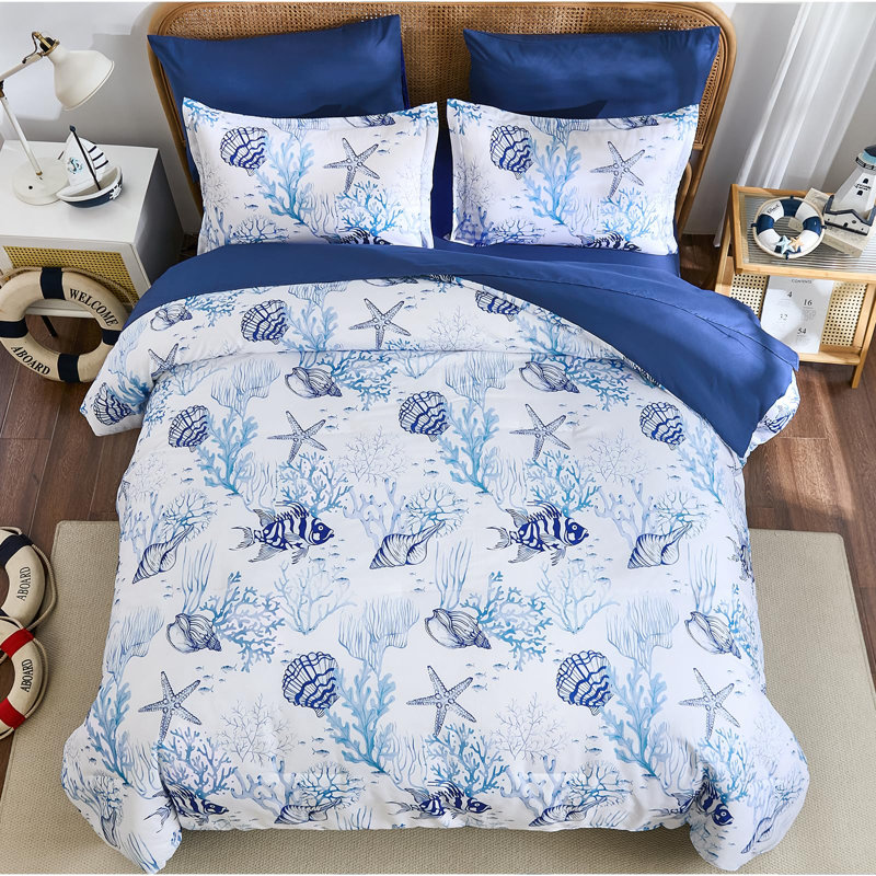 7-Piece Coastal Beach Comforter Set, Ocean Nautical All-Season Bedding, Queen Comforter + 7 Additional Pieces Included