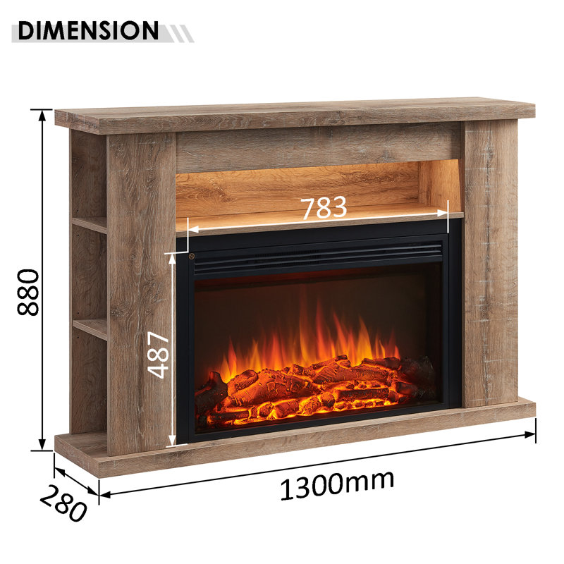LIPSON FLAMME Electric Fireplace, 88cm H x 130cm W x 28cm D, Rustic Light Oak