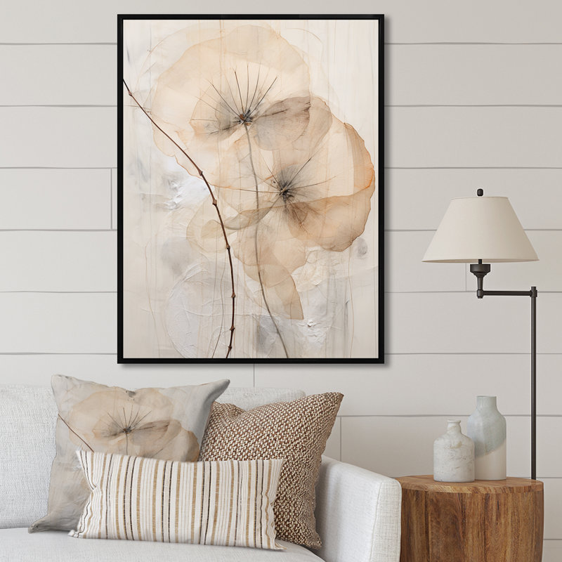 Luxueuse fleur du matin beige gloire II, Cadre flottant noir, 32" H x 24" W
