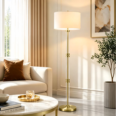 62.3" Modern Luxury Metal Glass Antique Bronze Floor Lamp with 3-Way Dimmable Lighting and Drum Linen Shade