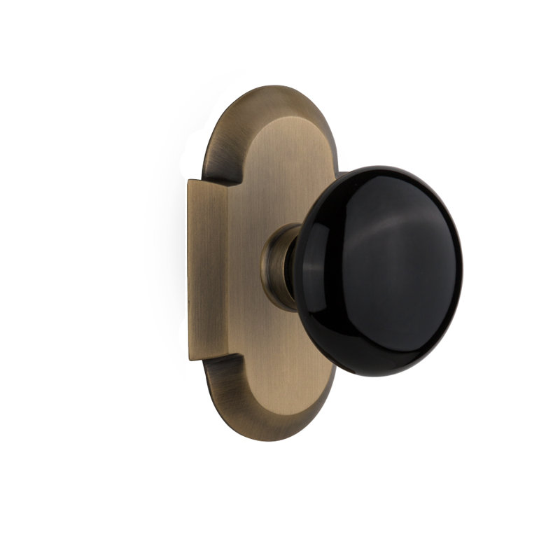 Cottage Plate with Black Porcelain Door Knob, Antique Brass, 2.375"