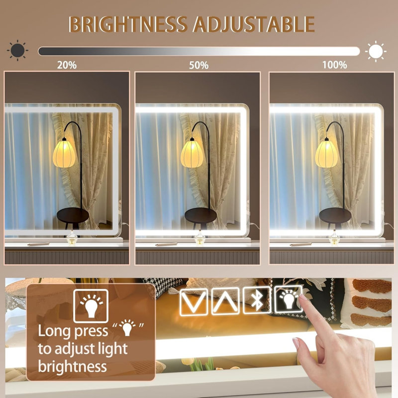 Miroir de salle de bain 47,2 "X 29,5" à DEL avec haut-parleur Bluetooth, 3 modes de couleurs à intensité variable, commande à écran tactile, fixation murale ou de table, finition blanche