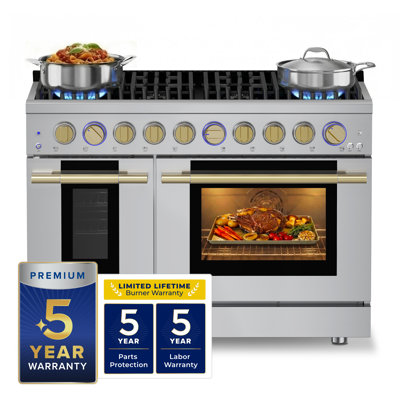 Hauslane 48" Gas Range In Stainless Steel | 8 Burners Up To 20,000 Btus | 6.7 Cu. Ft. Double Convection Oven With 5 Rack Positions | Convertible Ng/Lp | Cool-Touch Triple-Layer Door Satin Brass