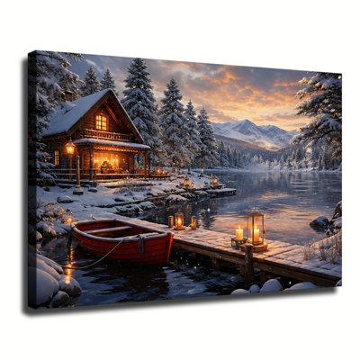 Cozy Snowy Lakeside Wooden Cabin At Sunset With Red Boat And Glowing Candles Canvas Wall Art