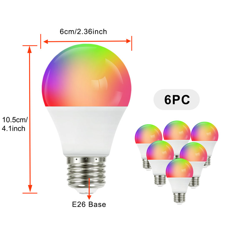 Ampoule DEL intelligente E26 de 60 watts A19 Matter, RVB, 27k-65k, Alexa / Google Smartthings (paquet de 6), 6