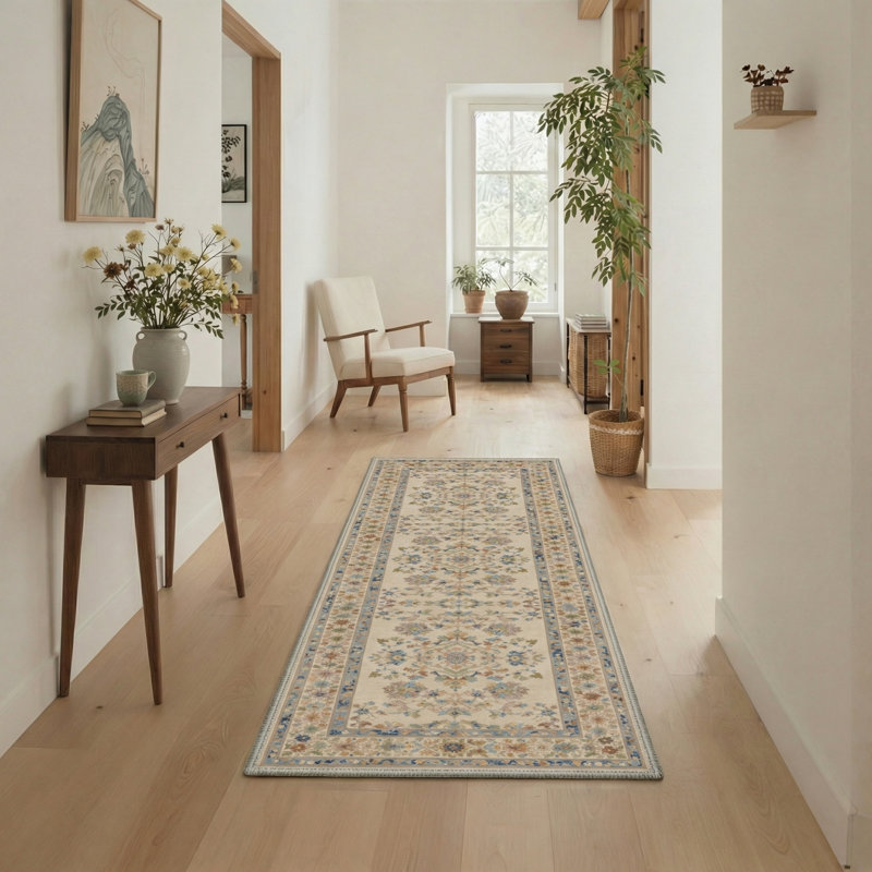 Allsop Verdant Floral Machine Washable Blue / Green / Beige Indoor Area Rug with Non-Slip Backing, Runner 2'5" x 8'
