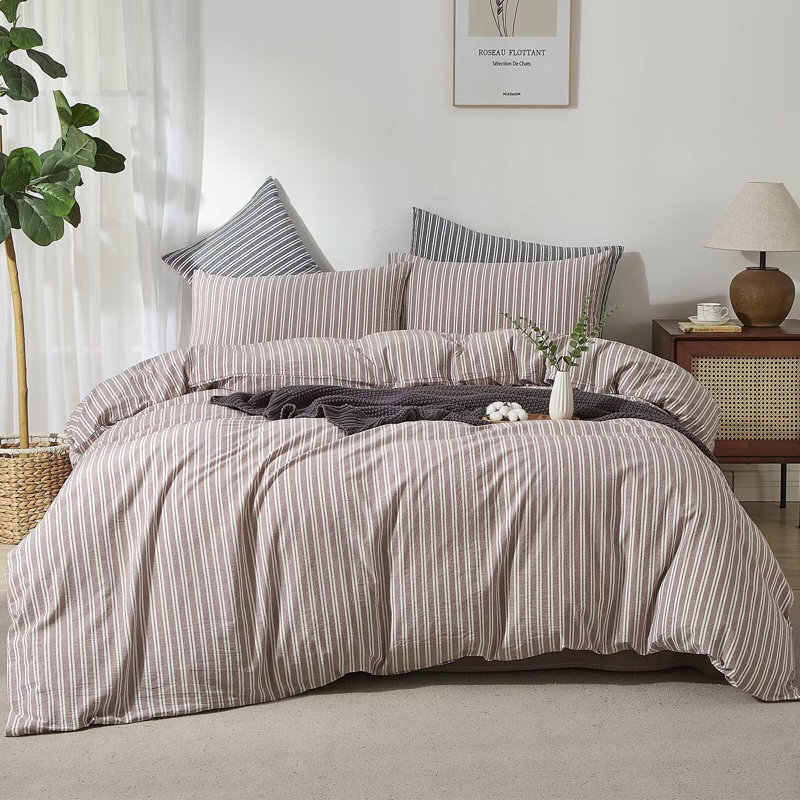 Ensemble de housse de couette à rayures XINMIANFANG, Vieux mauve / blanc, Housse de couette double / grand + 2 taies d'oreil