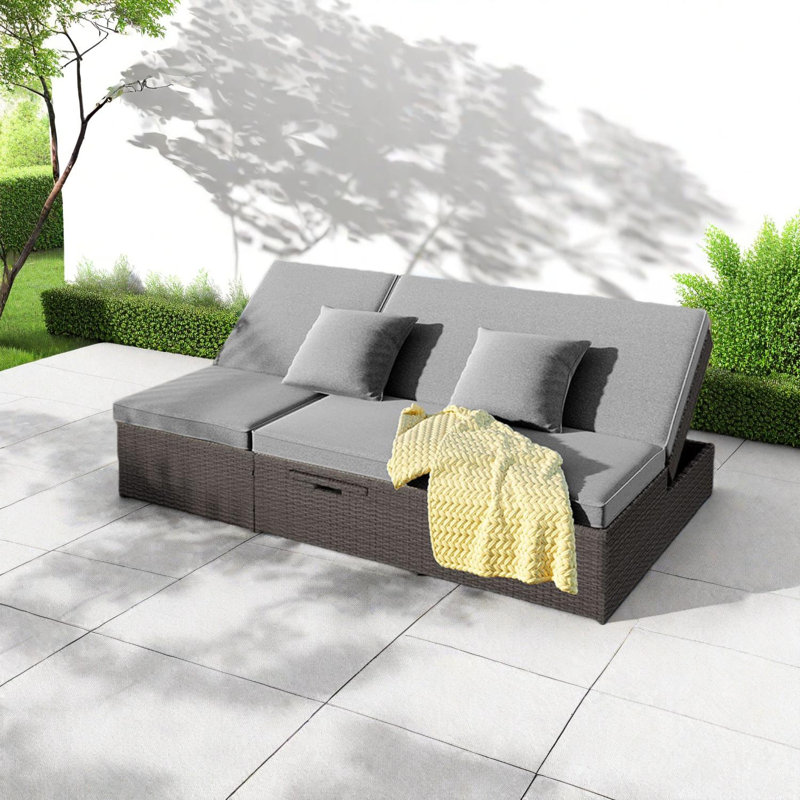 Outdoor Double Sunbed Wicker Rattan Patio Reclining Chairs with Adjustable Backrest and Seat for 2 Person, Brown
