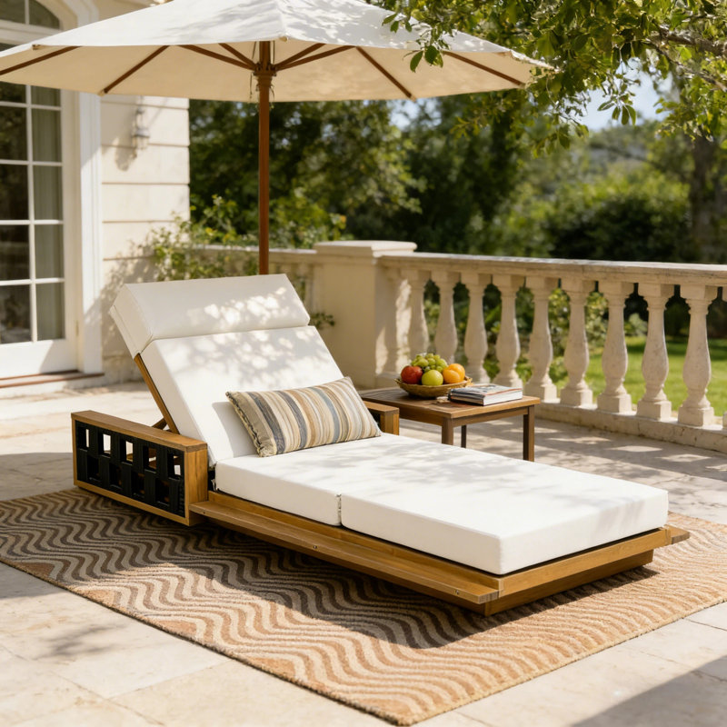 Ghodke Patio Acacia Wood Chaise Lounge With Adjustable Backrest & 4-Fold Cushion (Table Not Included), Cream