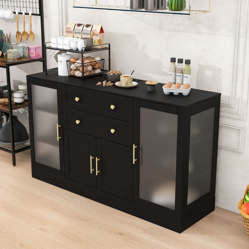Buffet Buffet avec 4 portes, 2 tiroirs, tablettes réglables et prise de courant, Black