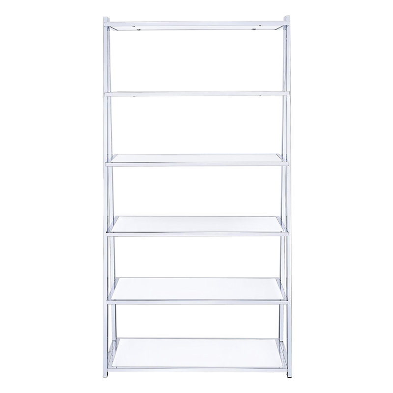 6 étagères en bois blanc brillant avec cadre en métal et panneau arrière ouvert, idéales pour présenter des livres, 36,42 po de profondeur, 15,96 de largeur, 71,88 de hauteur, 87,29 lb