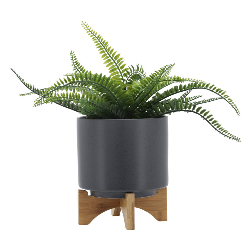 8" Planter W/ Wood Stand, Matte Gray, 9.04" H x 8.04" W x 8.04" D