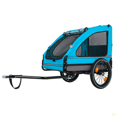 Pet Bike Trailer Dog Cart For Bicycle, Suitable For Small And Medium Pets, Easy Folding Cart Frame, Quick Release Wheel, Non-Slip Floor, Internal Leash, Blue And Grey