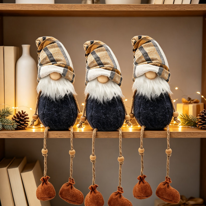 Ensemble de 3 décorations de gnome d'automne de l'Action de grâce, mélange de polyester à carreaux bleus et bruns