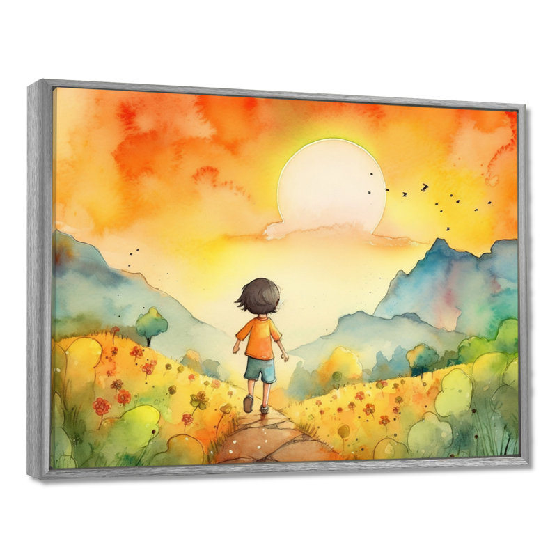 Enfants, art mural sur toile, H 24 po x l 32 po, Reproduction avec cadre flottant, Argent