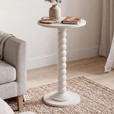 Solid Wood & MDF Round Side Table with Ball-Connector Leg, Modern Farmhouse Drink Table for Living Room & Bedroom – White