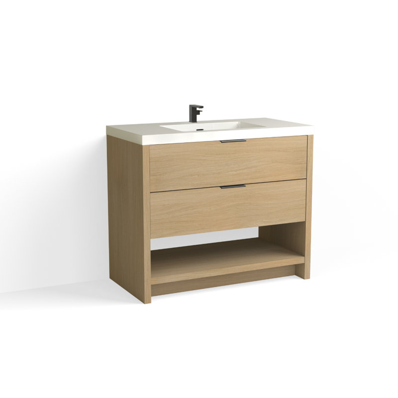 Vue 42" W Freestanding Single Bathroom Vanity, Glossy White/8" Widespread, Matte Black, White Nanomatte