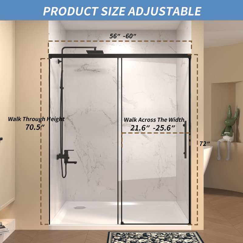 60-inch Matte Black Frameless Single Sliding Shower Door, Matte Black