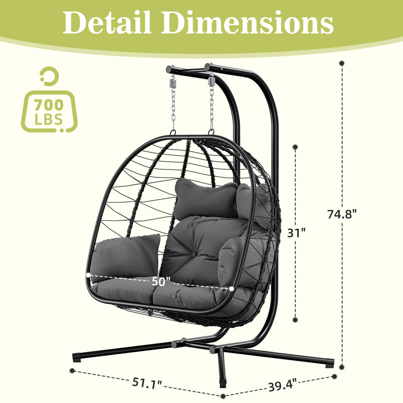 Double Wicker Swing Egg Chair Hammock Foldable Hanging Loveseat with Stand, Gray