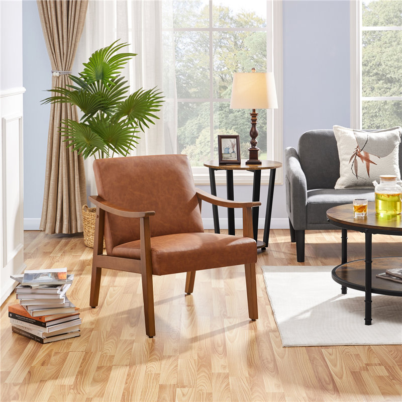 Faux Leather Accent Chair (Flat Arms), Brown, Brown