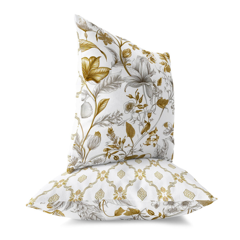 Coussin décoratif intérieur / extérieur Garden Grace, H 18 po x l 18 po, Floral, blanc et or