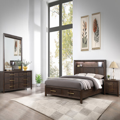 4-Piece Queen Bedroom Set With LED Headboard, Bluetooth, & Built-In Storage - Walnut Finish