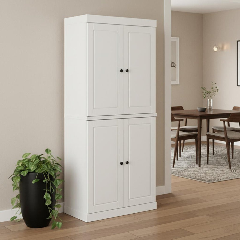 Garde-manger ou armoire de rangement 72 po en bois massif blanc à quatre portes