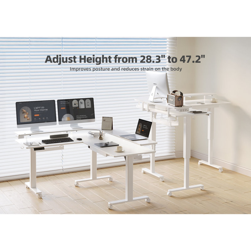 Bureau debout en L de 63 po avec tiroirs, prise de courant et lumières DEL réglables en hauteur, Blanc